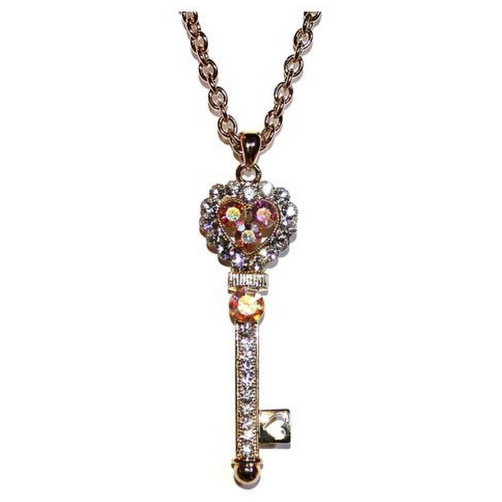 3" Chunky Gold Tone Aurora Borealis Ab Crystal Heart Love Key Necklace Triple Pl